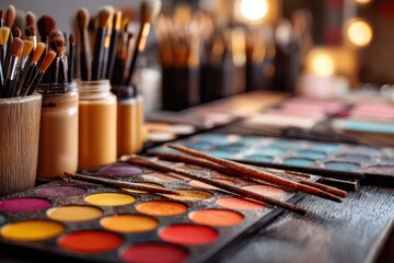 A close-up of professional makeup artist's tools, including colorful eyeshadow palettes and brushes, arranged on a table in a beauty salon, ready for a makeover session.