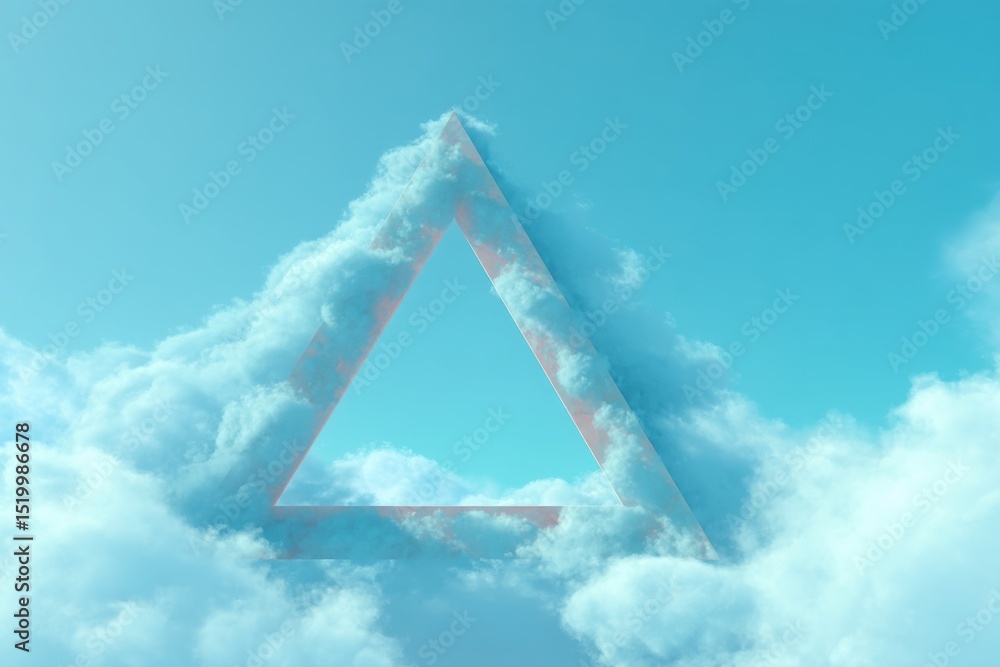Poster a dreamy abstract image of a triangle surrounded by clouds in a light blue sky, creating a surreal a