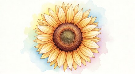 Fototapeta premium Watercolor Sunflower Portrait: Golden Petals Bloom in Pastel Hues, Fine-Art Detail, Vibrant Center, Botanical Illustration, Airy, Cheerful Floral Design