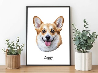 A Cheerful Corgi Portrait: Watercolor Pet Art in a Modern Frame