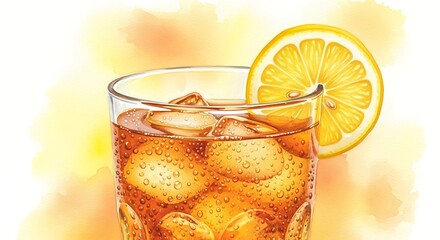 Refreshing Iced Tea Watercolor Painting: Glass with Ice, Lemon Slice, Condensation - Inviting & Summery Still Life Illustration with Soft Yellow Background, Artistic Beverage Render