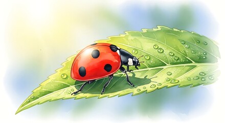 Fototapeta premium Ladybug Resting on Dewy Leaf: Watercolor Illustration, Bright Light, Close-Up, Peaceful Nature Scene with Vibrant Red Beetle and Green Leaf, Delicate Wash of Colors, Gentle Detail