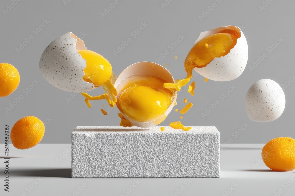 Poster a conceptual composition of broken eggs with yolks spilling, balanced on block and set against a sof