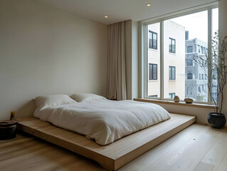 A contemporary bedroom with a king-sized platform bed, minimalist furnishings, and soft natural lighting