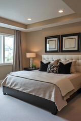 A contemporary bedroom with a king-sized bed, soft beige tones, and chic black accents