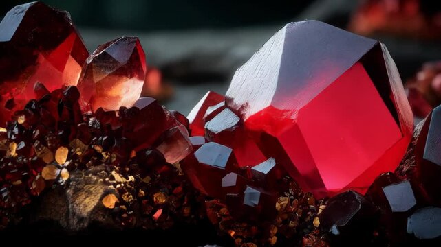 Closeup of vibrant red ruby crystals clustered together, showcasing their intense color and geometric shapes.