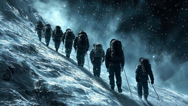 Mountain climbers ascending a snowy peak at night