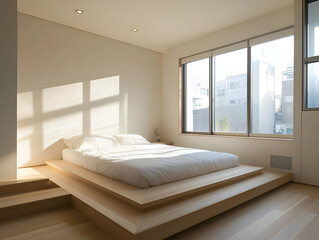 A contemporary bedroom with a king-sized platform bed, minimalist furnishings, and soft natural lighting