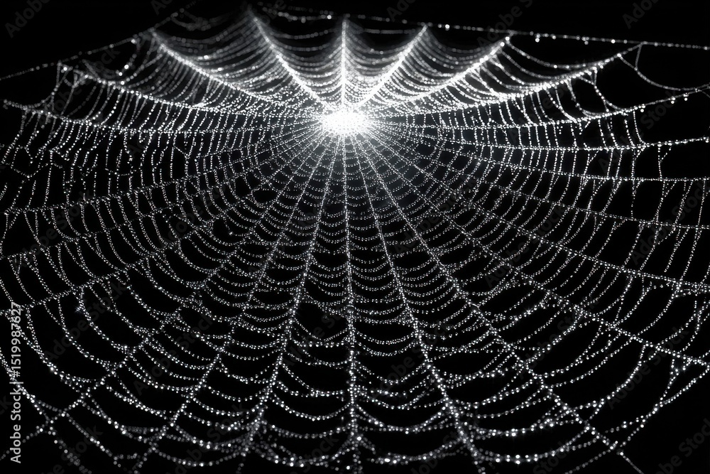 Poster an intricate spiderweb glistens with dewdrops against a stark black background, creating a mesmerizi