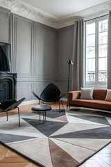 A contemporary bedroom with a large geometric rug, soft gray walls, and stylish furnishings