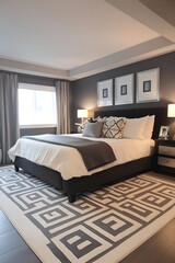 A contemporary bedroom with a large geometric rug, soft gray walls, and stylish furnishings