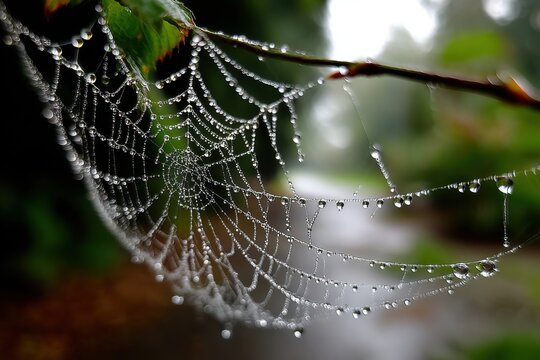 A delicate spider web adorned with glistening dew drops, suspended between branches, sparkling in the soft morning light, a captivating natural wonder.