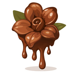 A delicious chocolate rose with melting drops and green leaves, perfect for World Chocolate Day themes.
