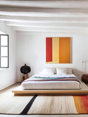 A contemporary bedroom with a low-profile platform bed, colorful art pieces, and minimalist furniture