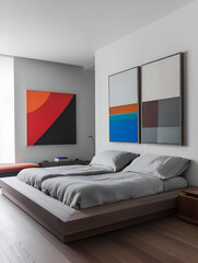 A contemporary bedroom with a low-profile platform bed, colorful art pieces, and minimalist furniture