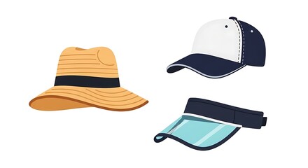 Assorted Headwear Display: Straw Hat, Baseball Cap, Visor on White Background in Flat Design, Perfect for Summer Fashion and Sun Protection Advertisements