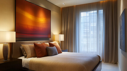 A contemporary bedroom with a large art piece on the wall, soft lighting, and a modern bed frame