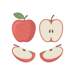 Red Apple Fruit Vector Illustration,Whole and Sliced Apple Clipart,Fresh Apple with Leaf Flat Design,Apple Cut in Half Vector Drawing,Juicy Red Apple Fruit Collection,Healthy Apple Food Icon Set