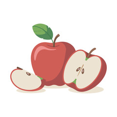 Red Apple Fruit Vector Illustration,Whole and Sliced Apple Clipart,Fresh Apple with Leaf Flat Design,Apple Cut in Half Vector Drawing,Juicy Red Apple Fruit Collection,Healthy Apple Food Icon Set