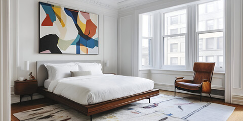 A contemporary bedroom with a minimalist bed, white walls, and oversized art on the wall