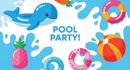 Playful Cartoon Pool Party: Dolphin, Inflatables, Pineapple in Splashing Water, Summer Fun Celebration, Flat Design, Cheerful Vibe, Bright Colors