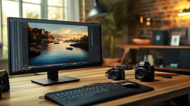 Workspace of a Photographer with dual Camera editing picture on Computer Screen at home