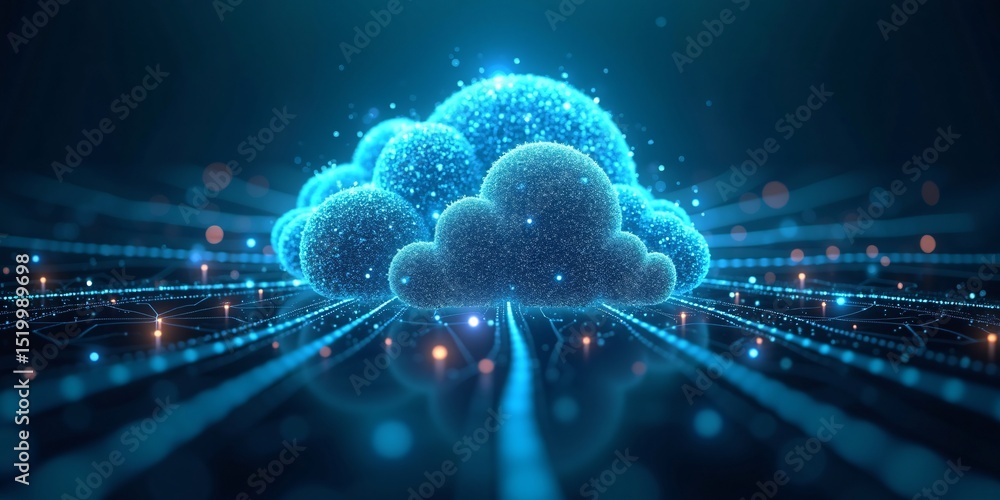 Poster an abstract image of a digital data cloud expanding outward