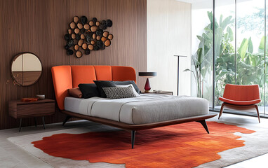 A contemporary bedroom with a statement headboard, sleek furniture, and sophisticated color accents