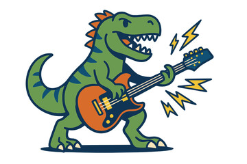 Fototapeta premium The image depicts a T rex or Tyrannosaurus dinosaur playing an electric guitar in a comic style vector illustration