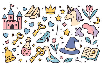 Vector illustration of a big set of fashion fairy tale and magic objects isolated on white, created in cute doodle style for use in stickers, badges, coloring pages, or indie games
