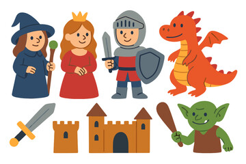 Naklejka premium Medieval legends and fairytales serve as the inspiration for this assortment of colorful, humorous characters, items, and monsters, all isolated on a white background and depicted in a flat