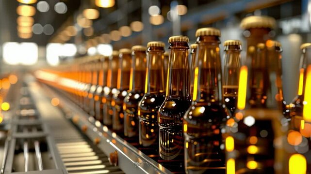 Beer bottles moving on a conveyor belt in a brewery, production line, industrial setting, warm lighting, close-up shot