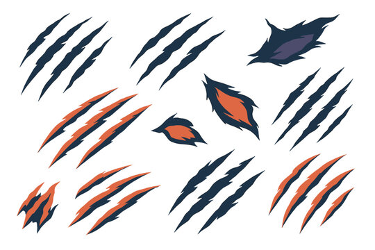 Vector designs of monster claws and animal paws, including those of tigers, bears, werewolves, and lions, are shown ripping through various materials like walls, paper, or metal sheets, ideal for use