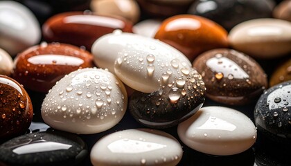 Macro shot of glistening wet pebbles in contrasting shades of dark and light