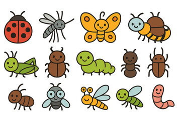 A set of insect icons features a lady bug, mosquito, butterfly, bee, grasshopper, beetle, caterpillar, spider, cockroach, fly, snail, dragonfly, ant, lady bird, and worm, presented as cute cartoon