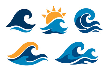 Naklejka premium A black set of sea wave logo, wave beach vector symbol, and water wave vector icon in silhouette form