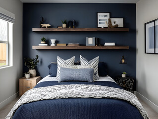 A contemporary bedroom with a statement wall of dark navy, floating shelves, and geometric dcor accents