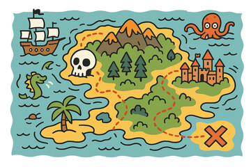 Naklejka premium This board game comes with a fantasy area games kit that includes a map of adventure island, complete with pirates, sea monsters, mountains, and a medieval city, all depicted in a cartoon hand drawn