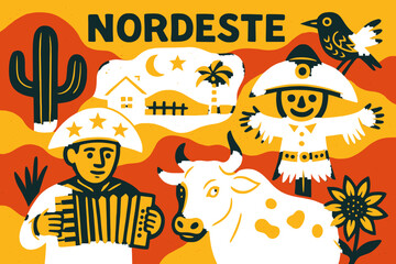 A colored background complements the woodcut, which is infused with northeastern folklore elements