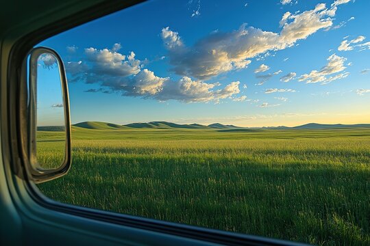 The view of the green grassland from inside an SUV car window, with a blue sky and white clouds