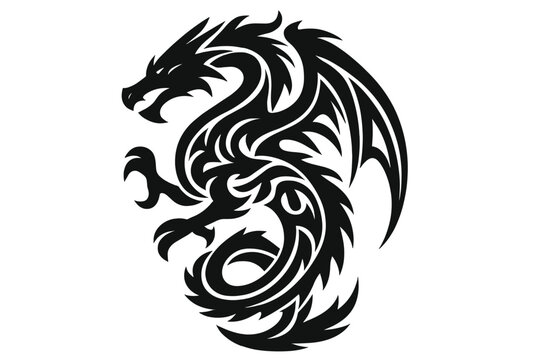 A vector illustration features a tribal dragon tattoo design in black and white graphics