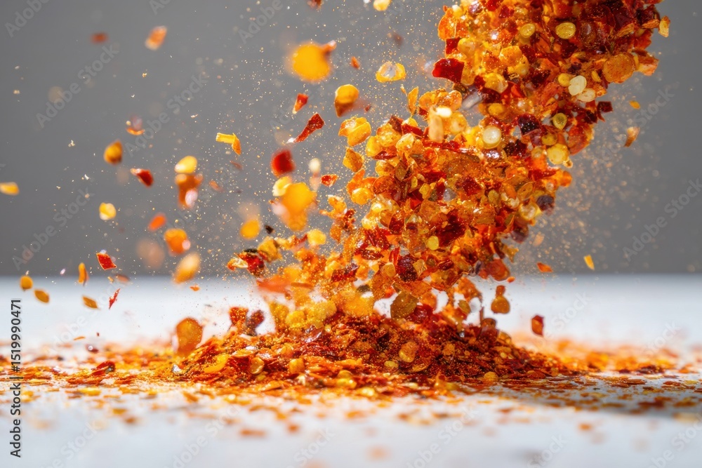 Poster a close-up shot captures a vibrant shower of red chili flakes falling against a plain background, cr