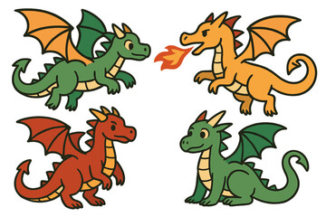The set includes fairy dragon monsters, depicted as flying fantasy reptiles with magical powers and the ability to breathe fire, all in a flat vector illustration