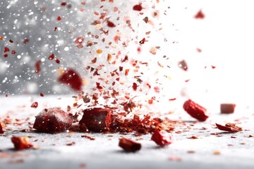 An explosive burst of vibrant red pepper flakes creates a culinary sensation, a dynamic display of spice against a neutral background, capturing the essence of bold flavor.