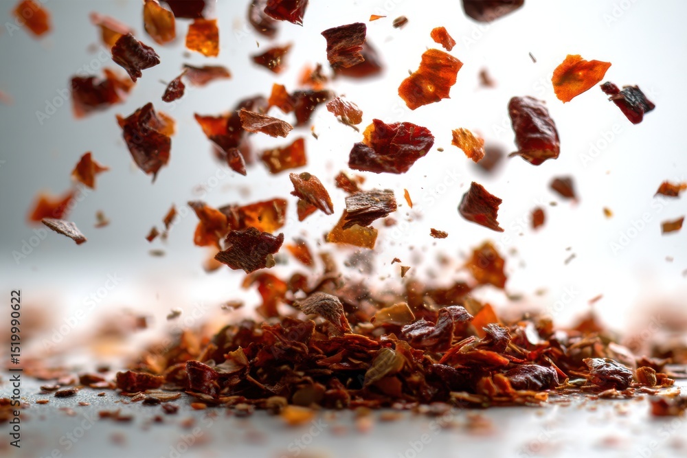 Poster close-up shot capturing red chili flakes in motion, falling and scattering on a white background, em