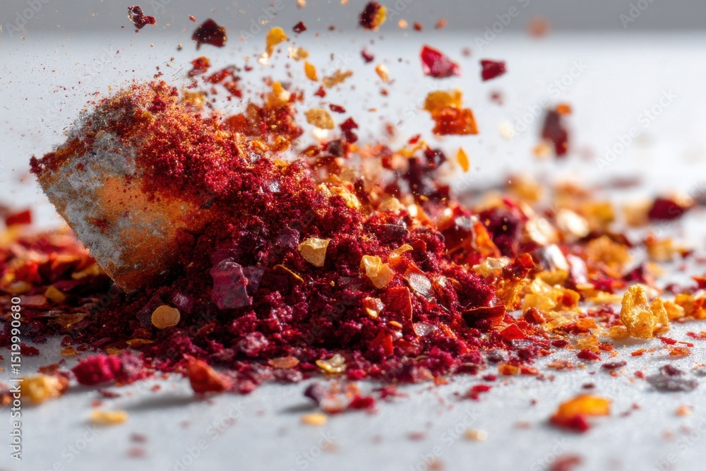Poster a close-up shot of crushed red pepper flakes exploding in motion, capturing the vibrant color and te