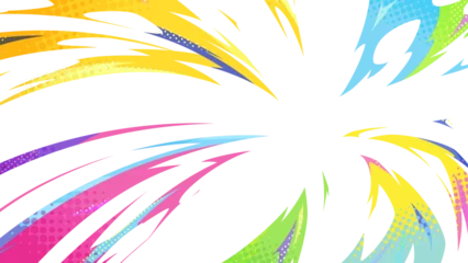 Fotobehang Pop Art カラフルでポップな衝撃波のエフェクトの背景イラスト_16:9  © ふわぷか