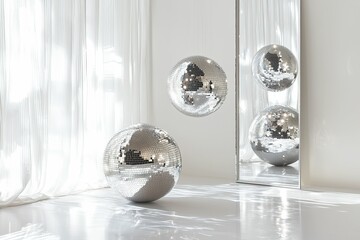 A room with a white wall and a silver mirror