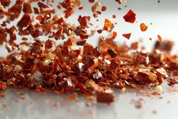 A close-up shot of falling red chili flakes, creating a dynamic and spicy culinary scene, highlighting texture and vibrant color against a blurred background.