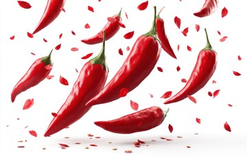 A dynamic composition of vibrant red chili peppers and matching pepper flakes against a clean white backdrop, creating a bold and spicy food photography image.